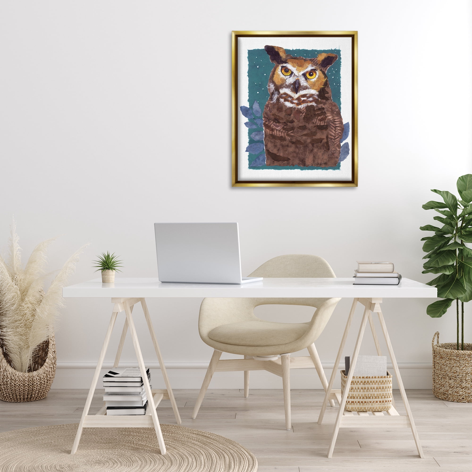 Stupell Industries Stern Owl Portrait Animals & Insects Painting Gold Floater Framed Canvas Art Print Wall Art, 25 x 31