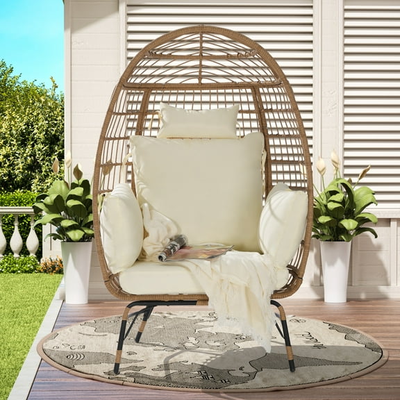 BTMWAY Egg Chair Blue Wicker Hanging Basket Chairs with Stand and Cushion - Set of 2