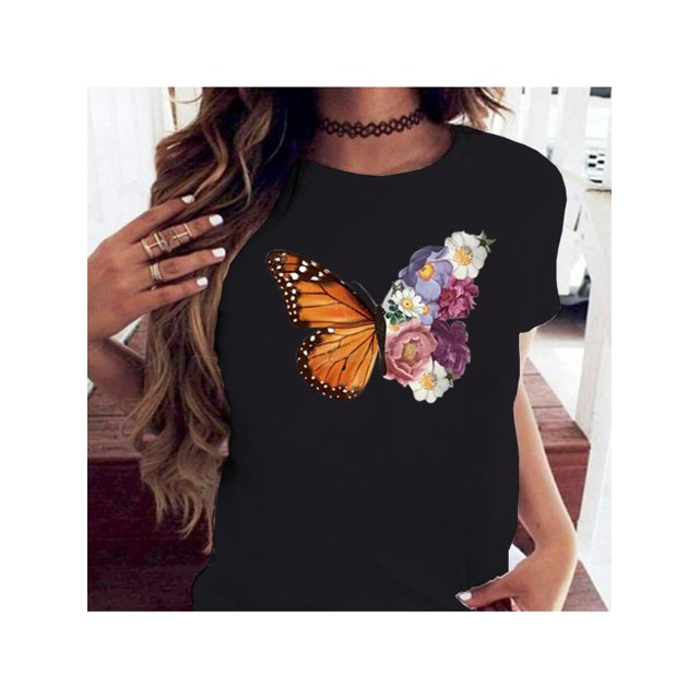 Butterfly Graphic Casual Sports Loose T-shirt, Round Neck Floral Printed Summer Sports Workout Top, Women's Tops for fall & winter