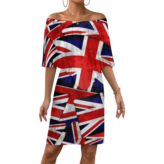 Union Jack British England UK Flag Women's Off The Shoulder Ruffles Summer Wedding Guest Loose Casual Party Beach Dress
