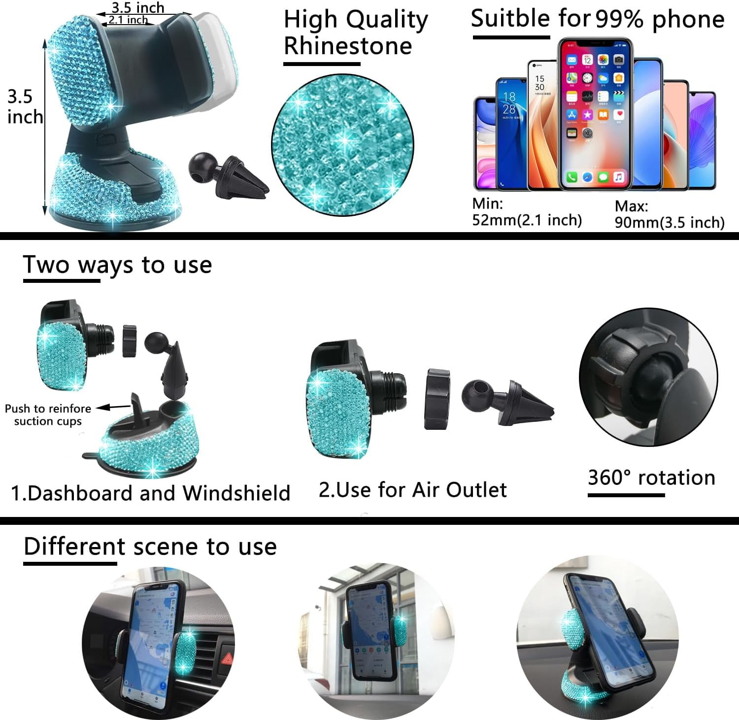 27 PCs Aquamrine Bling Car Accessories Set for Women, Steering Wheel Covers Universal Fit 15 Inch, Bling License Plate Frame, Bling Phone Holder, Bling Car Coasters (Aquamrine Diamond)