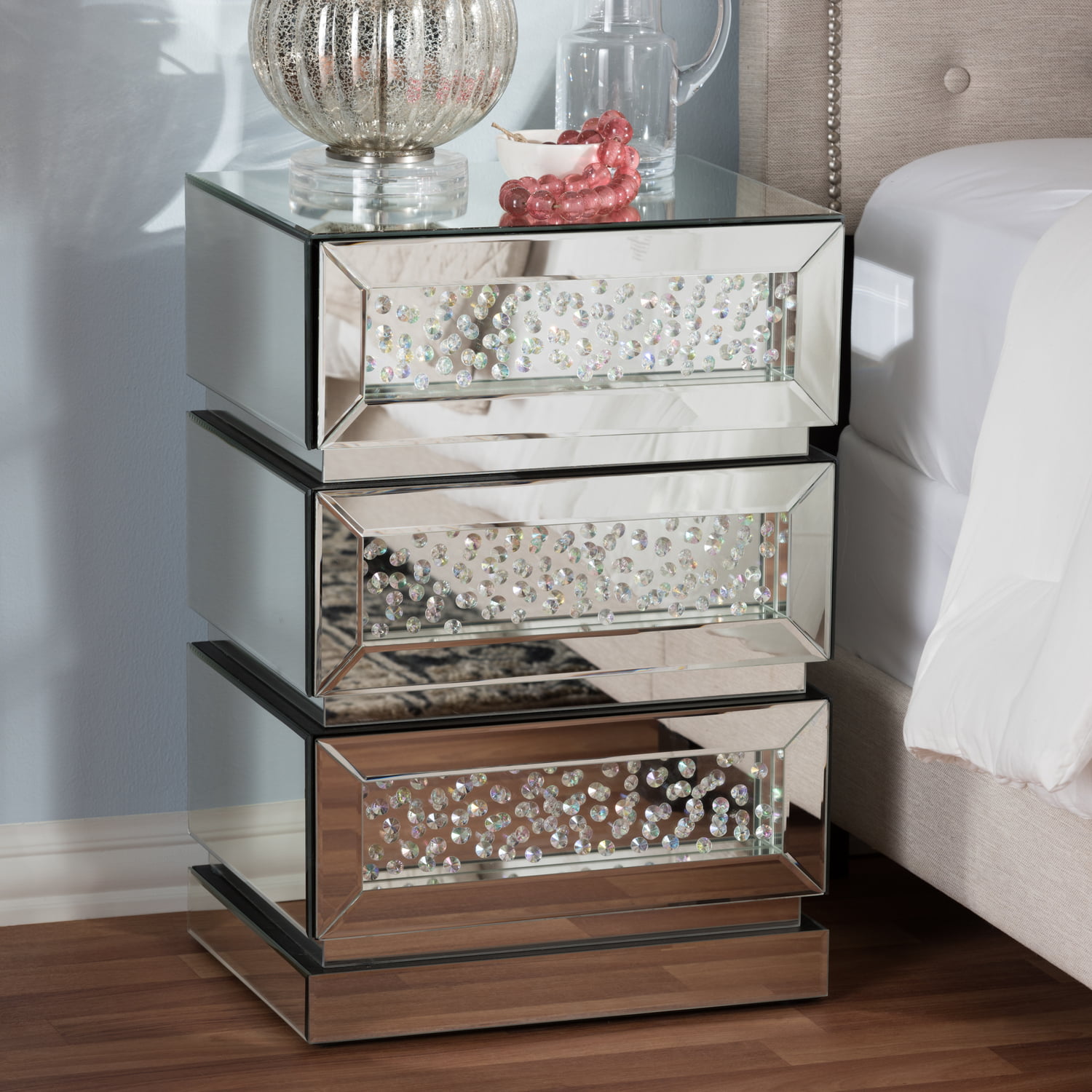 Saam Hollywood Regency Glamour Style Mirrored 3-Drawer Nightstand 