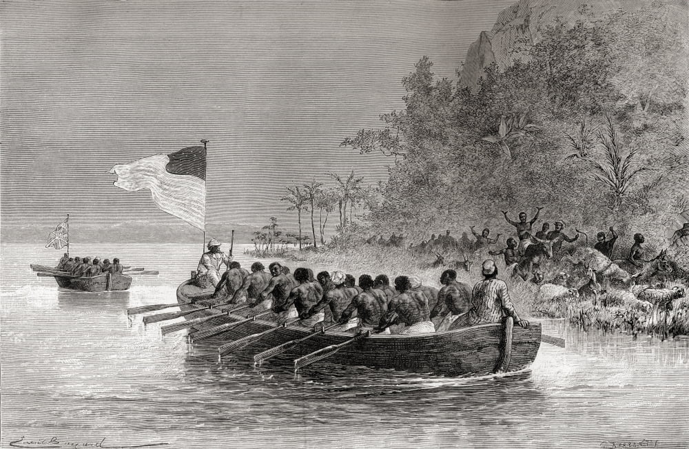 Dr David Livingstone In The First Boat Which Is Flying The English Flag And Henry Morton Stanley In The Second Boat Which Is Flying The American Flag During Their Expedition In Africa In 1872 Sir Henr