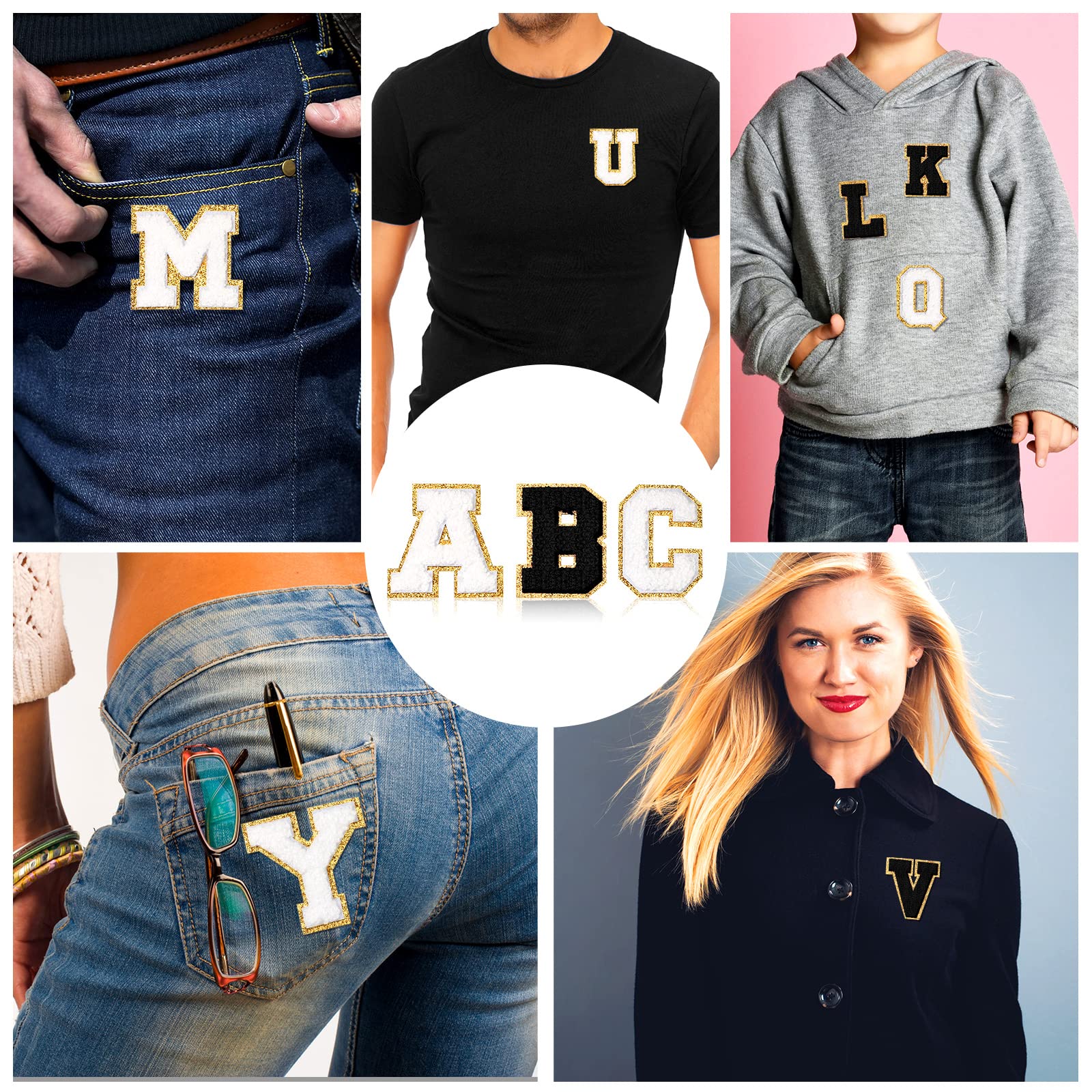 104pcs Letter Patch Iron on Chenille A-Z Repair Alphabet Applique Patches Embroidered Letter Sew on with Golden Border for Bags Shirts