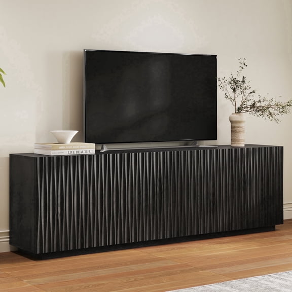 CHIC HOUSE 70" Fluted TV Stand for TVs up to 75", Mid-Century Modern Tall Media Cabinet with 4 Doors & Shelves, Wave-Inspired Wooden TV Console for Living Room, Bedroom, Black