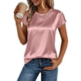 thumbnail image 2 of Miluxas Womens Short Sleeve Satin Silk Blouses, Crewneck, Loose Fit with Roll Up Sleeve, Tunic Tops for Casual Work Pink L(L), 2 of 7