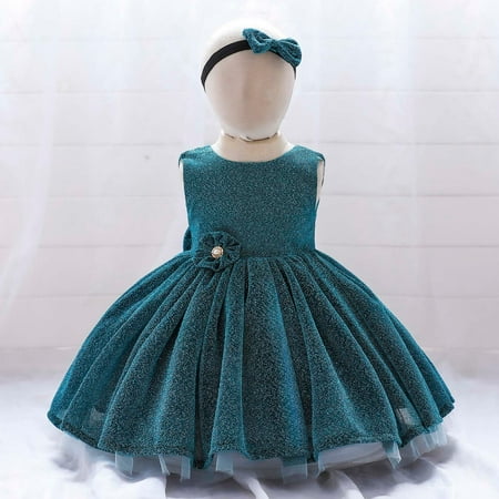 

jsaierl Toddler Girls Net Yarn Embroidery Rhinestone Bowknot Sequins Birthday Party Gown Long Dresses Headband Suit