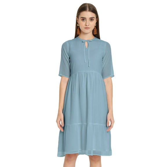Moomaya Solid Tiered Dress For Women, Short Sleeve Chiffon Swing Dress