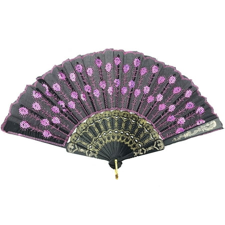 Folding Hand Fan - InnoLife Elegant Colorful Embroidered Flower Peacock Pattern Sequin Fabric Folding Handheld Hand Fan Hand-crafted (Full Set - 10pcs Mixed Colors) and 8 carrying pouches