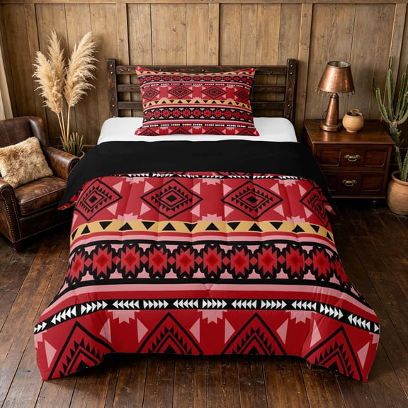 Manfei Southwestern Aztec Twin Comforter Sets, , Red Black Bedding Set, Black Reversible 2-Piece, 1 Comforter and 1 Pillowcase