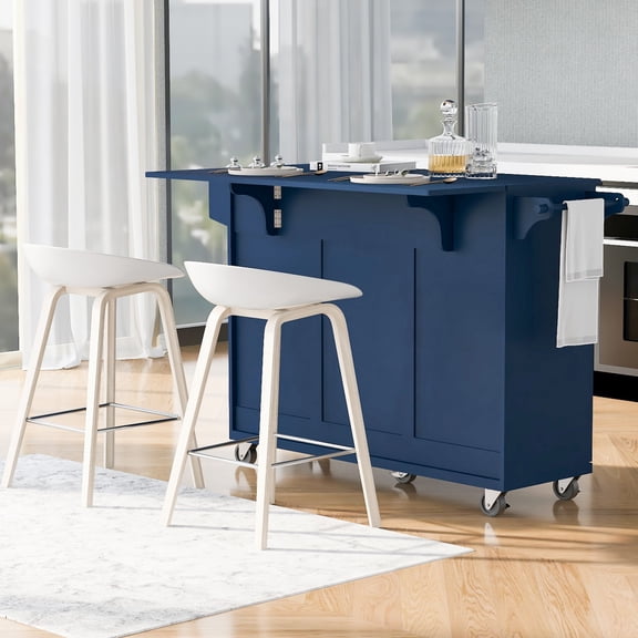53.2'' Kitchen Island with Drop Leaf, Kitchen Storage Cart with Spice Rack, Towel Rack and 2 Drawers, Rolling Kitchen Island on Wheels with Adjustable Shelves for Kitchen, Dining Room, Navy Blue,Blue