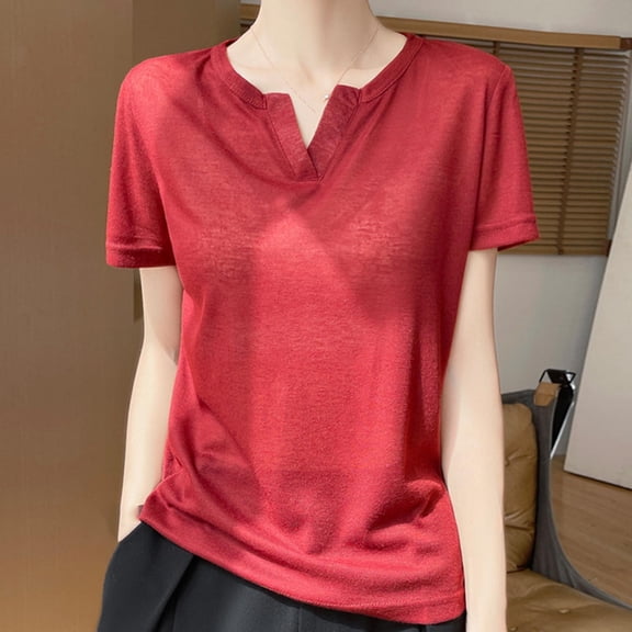 ATENAR T Shirts for Women Casual V Neck Womens Shirts Solid Color Tee Red XL