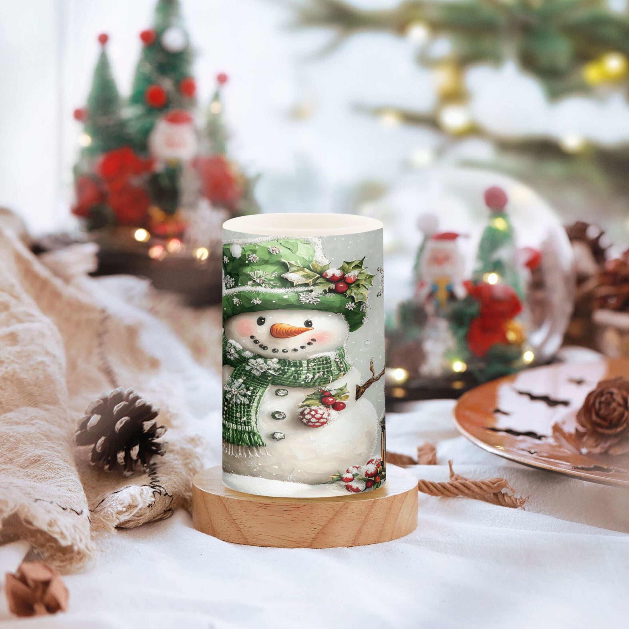 Flickering Flameless LED Candles set of 2 Battery Operated 18-Key Remotes Timer Halloween Fall Decor Snowman with Lamp D3''xH4''5''