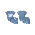thumbnail image 2 of BemeyourBBs Newborn Baby Boys Mama's Boy Outfit Infant Baby Boy Summer Clothes Waffle Knit Short Sleeve Letters Embroidery Romper with Shorts Set 2Pcs Outfits, 2 of 9