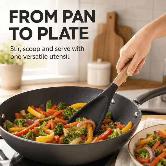 Large Cooking Spoons for Serving, 12.2" Nonstick Silicone Spoonula with Wooden Handle, Heat Resistant Rubber Serving Spatula Spoon for Mixing, Baking, Scooping and Scraping Great for Stir Frying
