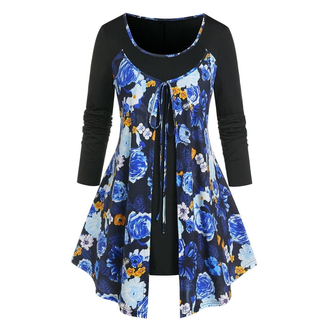 Camiseta Talla Extra Manga Larga Estampado Floral Rosegal Mangas largas de talla grande