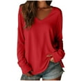 thumbnail image 3 of Women's Basic Long Sleeve Cotton T Shirts Solid Color Comfy V Neck Loose Tunic Tee Shirts Tops Red S, 3 of 3