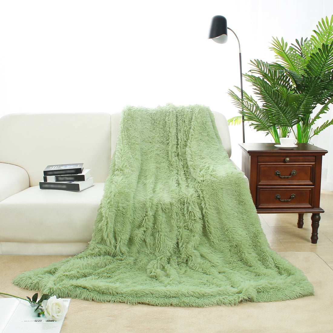 Unique Bargains Shaggy Faux Fur Decorative Blanket Pale Green Full