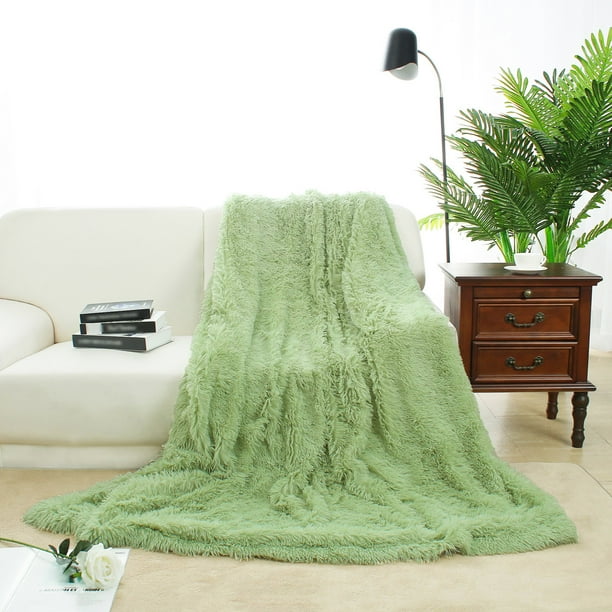 Unique Bargains Shaggy Faux Fur Decorative Blanket Pale Green Full