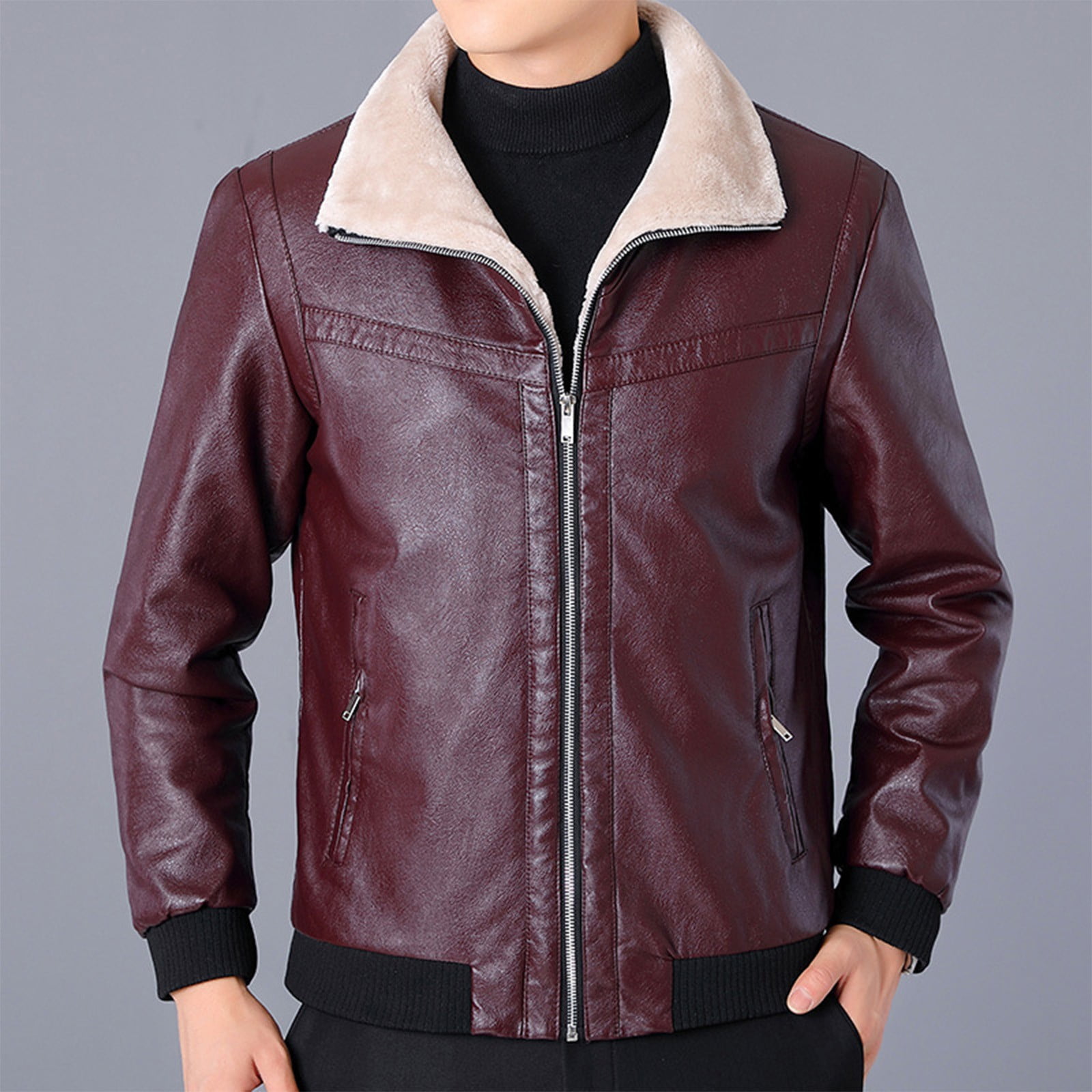 Brown Leather Jacket Men Fashion Fleece Turn-Down Collar Jacket Moto Biker Coat Retro Bomber Faux Leather Outerwear