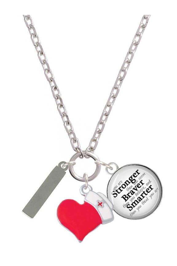 Stainless Steel Rectangular Blank Tag - Red Heart Nurse Strong Zoe Necklace