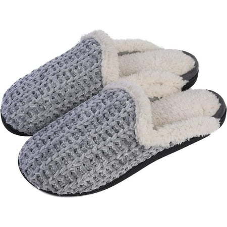 Roxoni Memory Foam Slippers for Women - Fuzzy Cozy Indoor/Outdoor Slides - Fluffy Slip On Shoes Womens House Slippers with Plush Heels and Anti-Skid Rubber Sole Grey