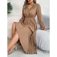 thumbnail image 3 of Womens Flowy Long Sleeve Dress Elegant Plain Color Stand Collar Belted Pleated Dress With Hem, 3 of 5