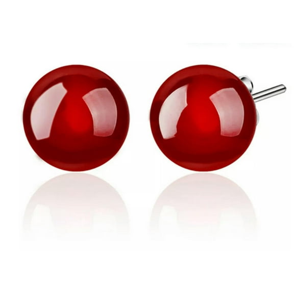 K-KED Red Round Agate Earrings AAA Onyx Silver Studs Fashion Delicate Jewelry 8mm