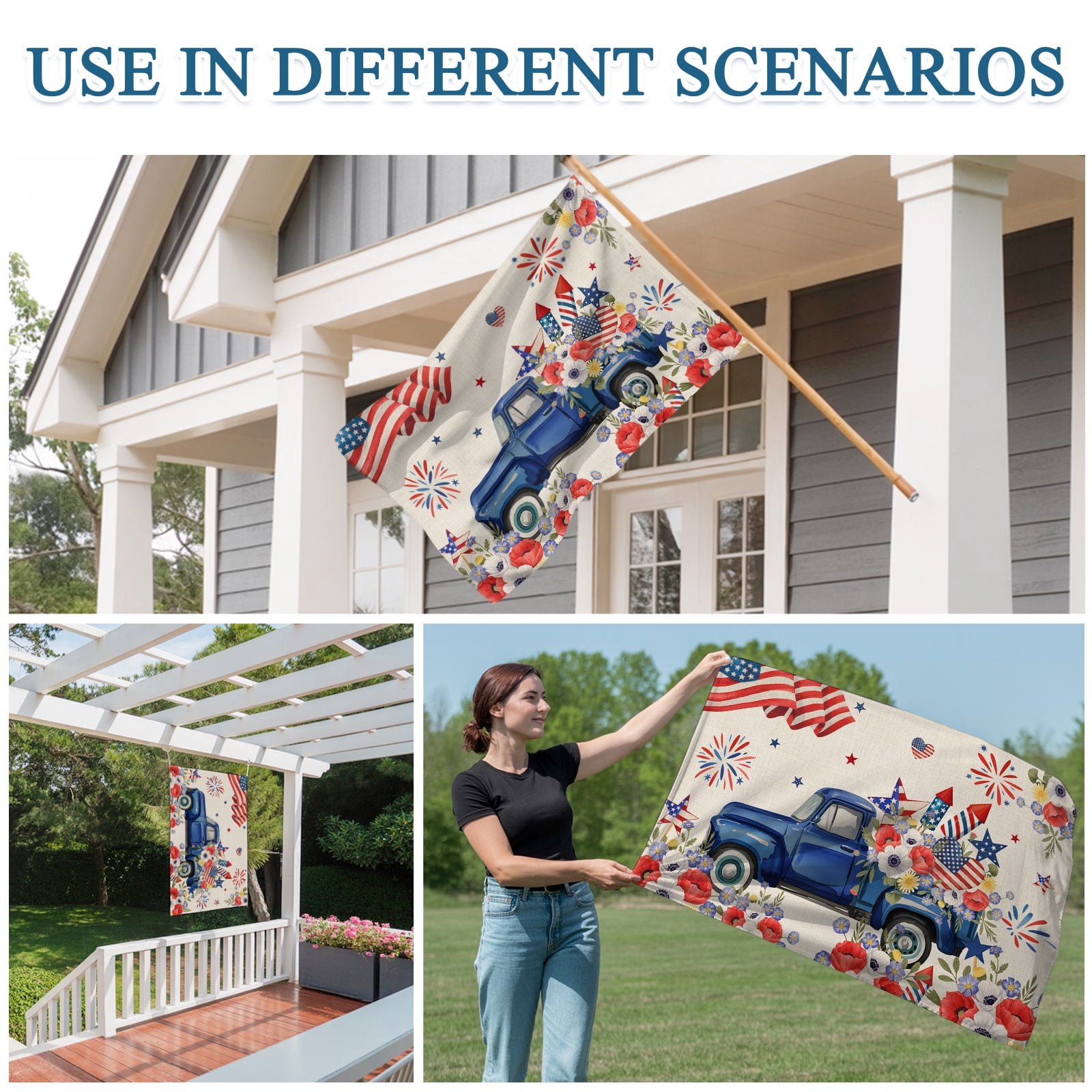 4th of July Flags for Outside 3x5 ft Fireworks Poppy Truck Outdoor Flags Double Sided Grommets USA Flag Patriotic Stars Stripes Patio Yard Flag for Outdoor Party Porch Independence Day