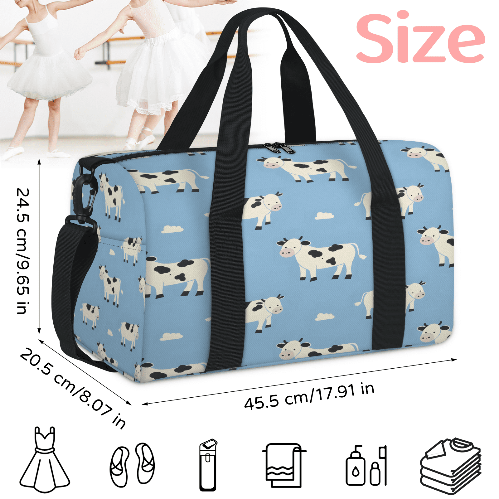 Herdesigns Cow Pattern Travel Duffle Bag Sports Yoga Weekender Overnight Carry on Workout Bags Lightweight Waterproof Gym Tote Bag for Women