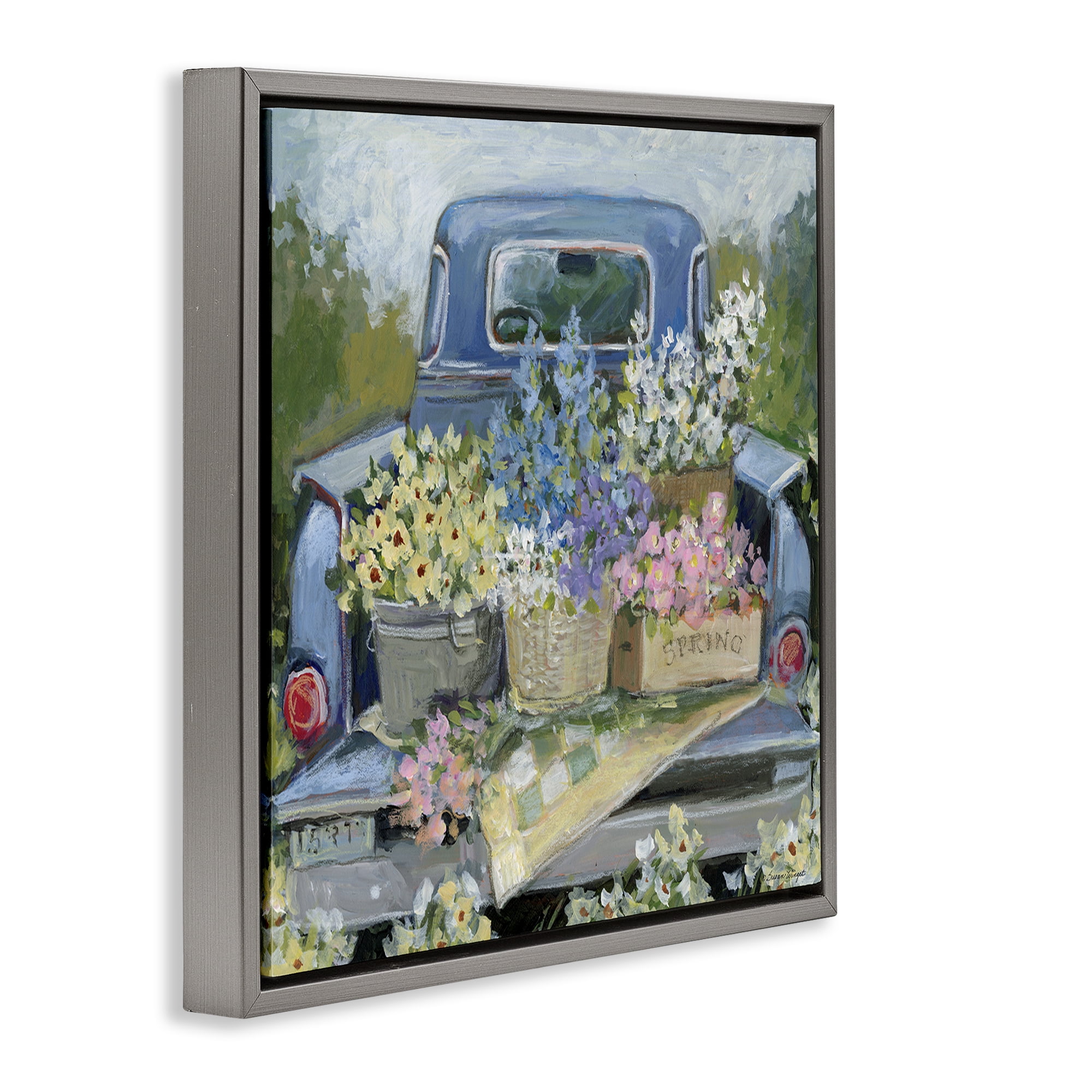 Stupell Industries Truck Bed with Flowers Gray Framed Floater Canvas Wall Art, design by Susan Winget