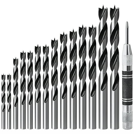 15 Pcs Brad Point Wood Drill Bit Set, 14 Spiral Twist Drill Bits, Center Punch Included, Carbon Steel, 1/8 to 15/32 in, for Woodworking