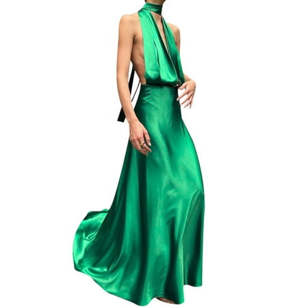 

AMILIEe Women Sleeveless Spaghetti Strap Halter Neck Satin Silk Surface Solid Color Deep V-Neck One Piece Gown