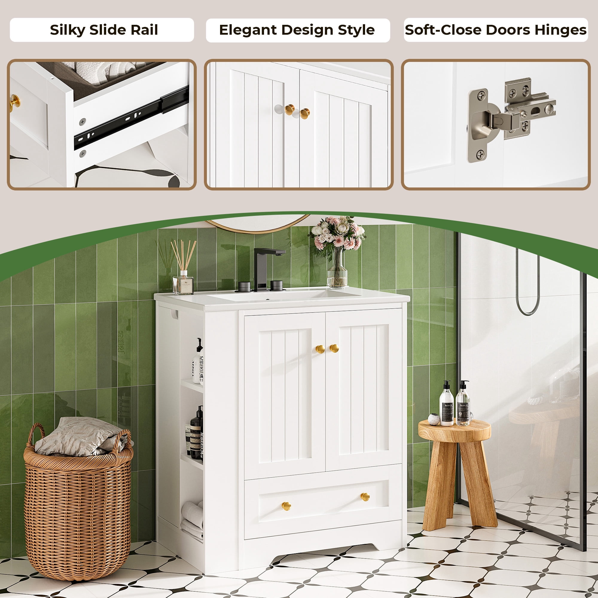 IRONCK 30" Bathroom Vanity with Ceramic Sink, Freestanding Bathroom Cabinet with Drawers, Doors and Side Storage, White