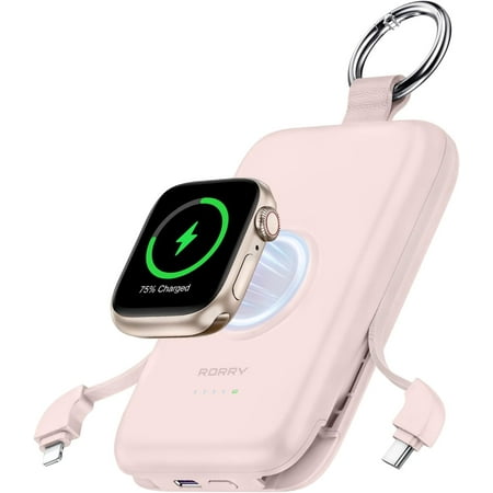 Portable Charger, 10000mAh PD 20W Fast Charging Portable Charger Power Bank with Built in Cables, Travel Battery Pack for iPhone 17/16/15/14/13/12 and Apple Watch Ultra/11/10/9/8/7/6/5, Pink