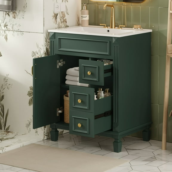 Euroco 24" Bathroom Vanity with Ceramic Sink, Small Bathroom Sink Cabinet, Modern Cabinet with 2 Drawers and Adjustable Shelf