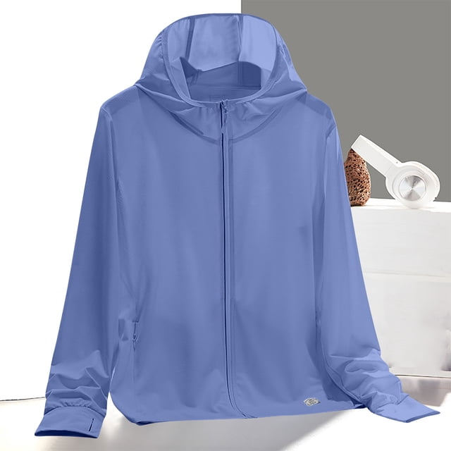 WRKEKC Summer Reflective UPF 50+ Hooded Jacket Lightweight Breathable Solid Color Night Running Essential for Women Sky Blue L