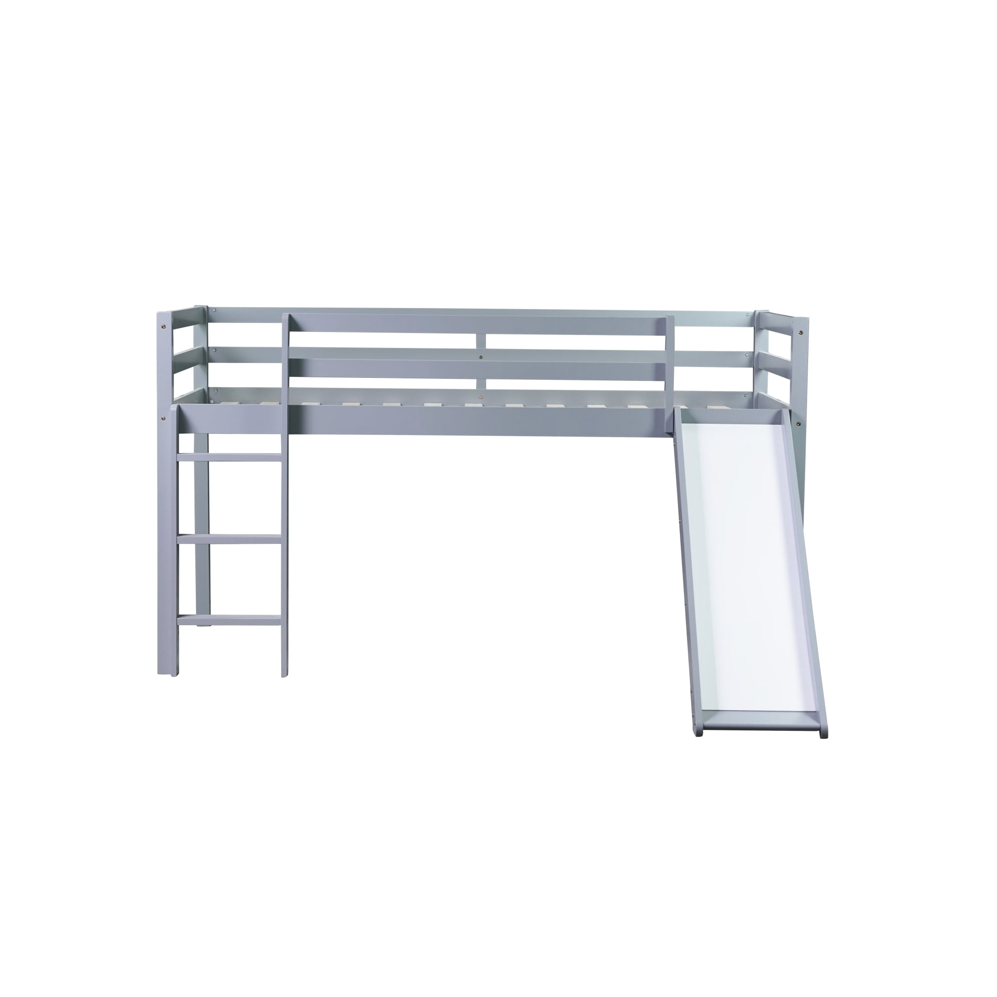 Leumius Twin Low Loft Bed with Slide, Ladder, Safety Guardrails, Rubber Wood Twin Loft Bed for Boys Girls Grey