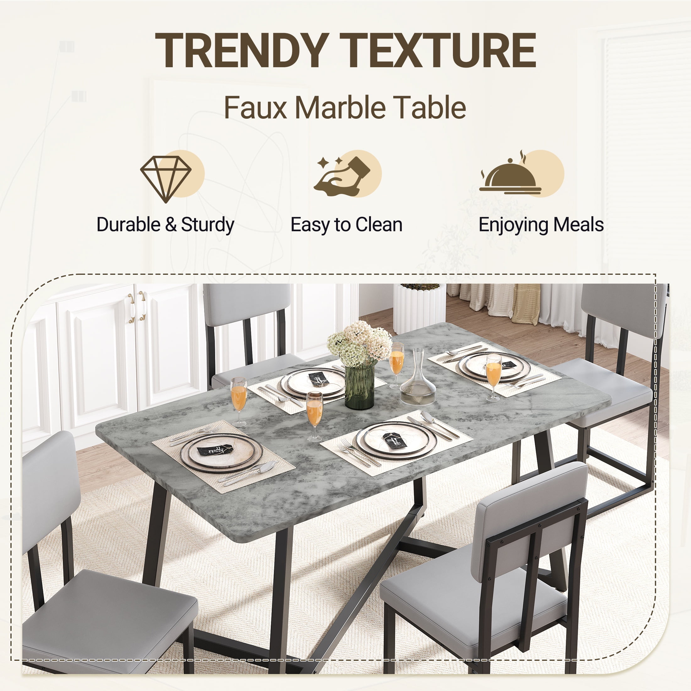 PAPROOS Dining Table Set for 4, 5 Piece Dining Room Table Set with Faux Marble Top and Leather Upholstery Chairs, Modern Dinette Sets for Breakfast Nook, Kitchen Table and Chairs Set, Gray