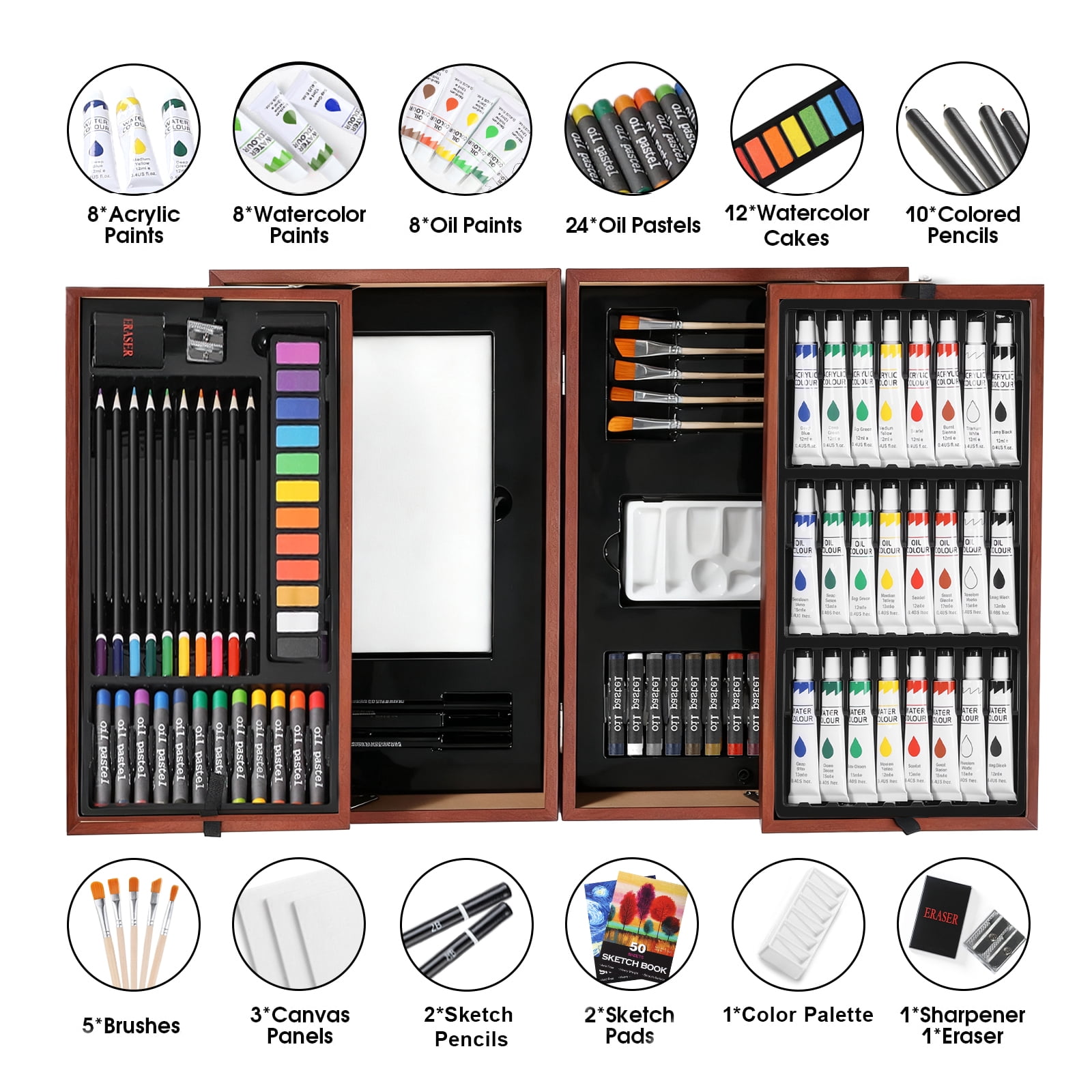 Professional Wooden Art Kit Double Door Design With Oil Pastels, Acrylic Paints & Colored Pencils, Complete Office Art Supplies