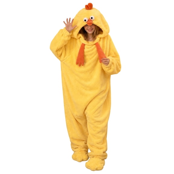 Wenini Women's Yellow Chicken Hooded Fleece Jumpsuit Pajamas Loungewear with Matching Shoes Covers