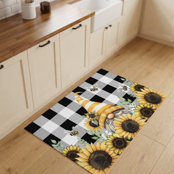 2x3ft Rectangle Rug,Dwarf Yellow Sunflower Bee Washable Area Rugs Non-Slip Accent Rug Black White Buffalo Check Soft Circle Carpet for Living Room Bedroom Home Office Decor