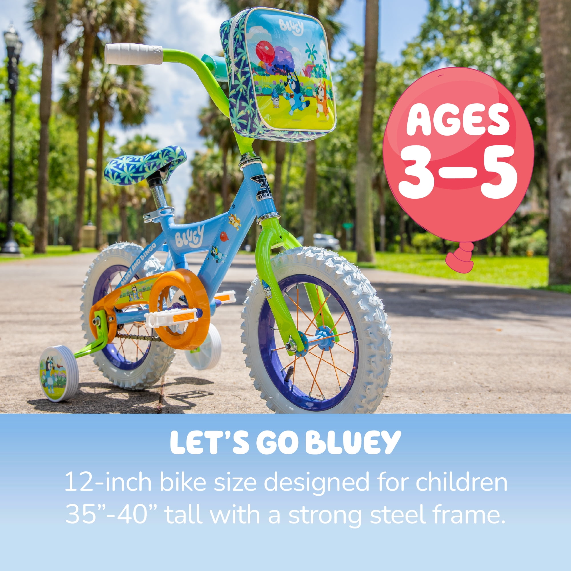 Bluey 12 inch kinderfiets met stabilisatoren Officieel gelicenseerd stevig stalen frame lekbestendige banden remklauw achter volledig afgesloten kettingkast verstelbaar stuur zithoogte leeftijd 3
