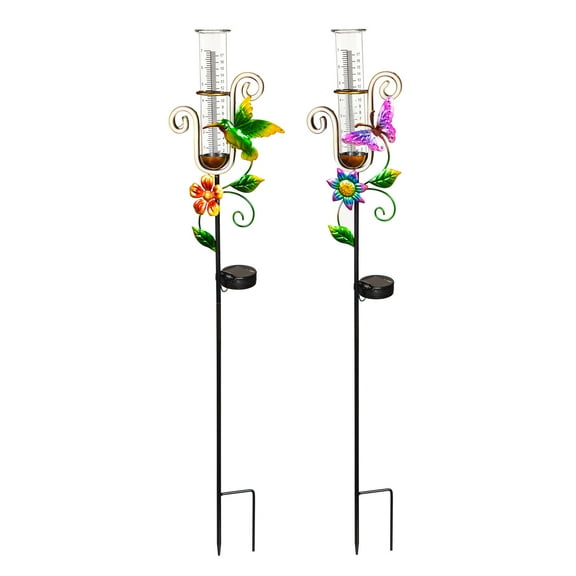 37"H Solar Neon Color Lights Rain Gauge Garden Stake, 2 Asst