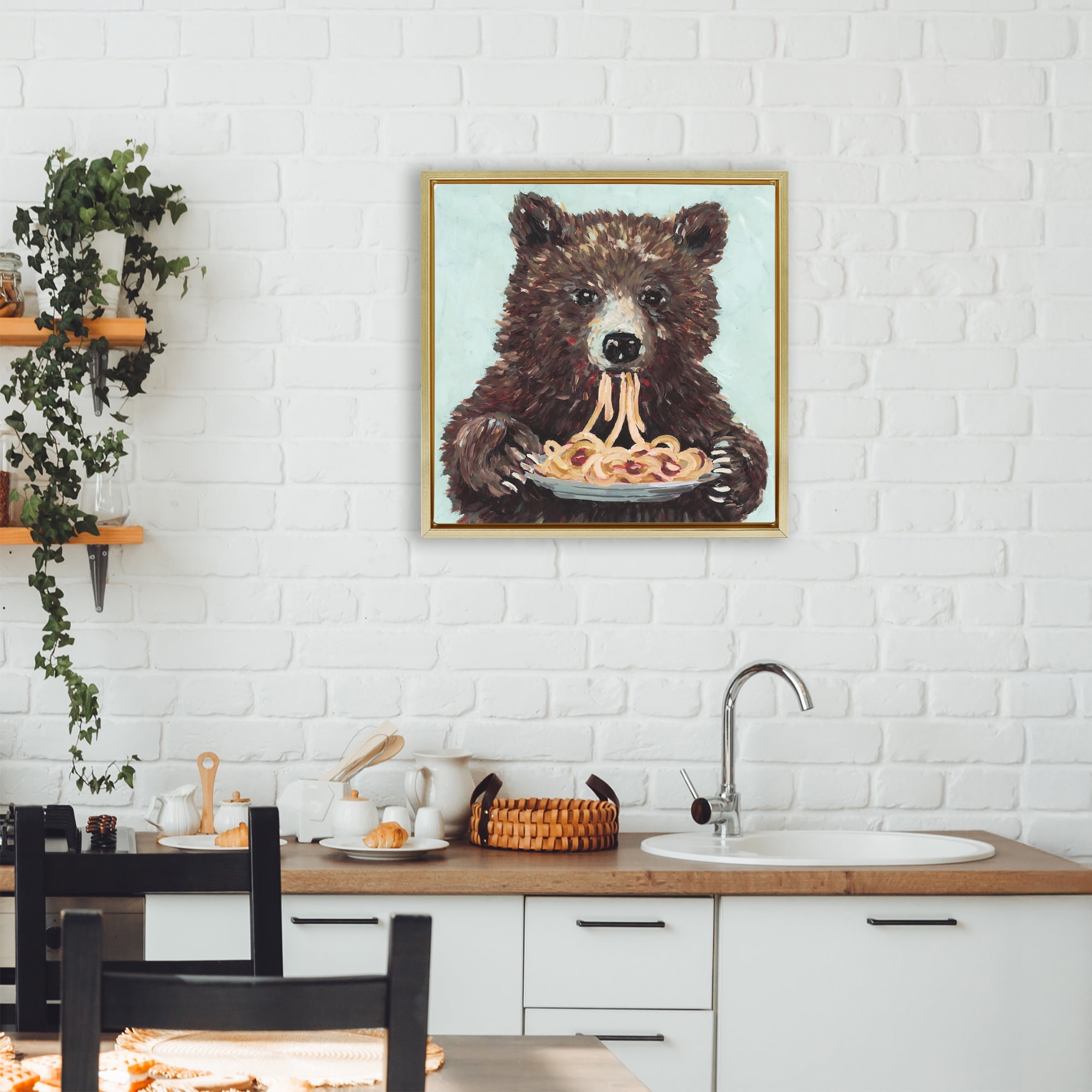 Whimsical Bear & Spaghetti Gold Framed Floater Canvas Wall Art, design by Studio Bautista
