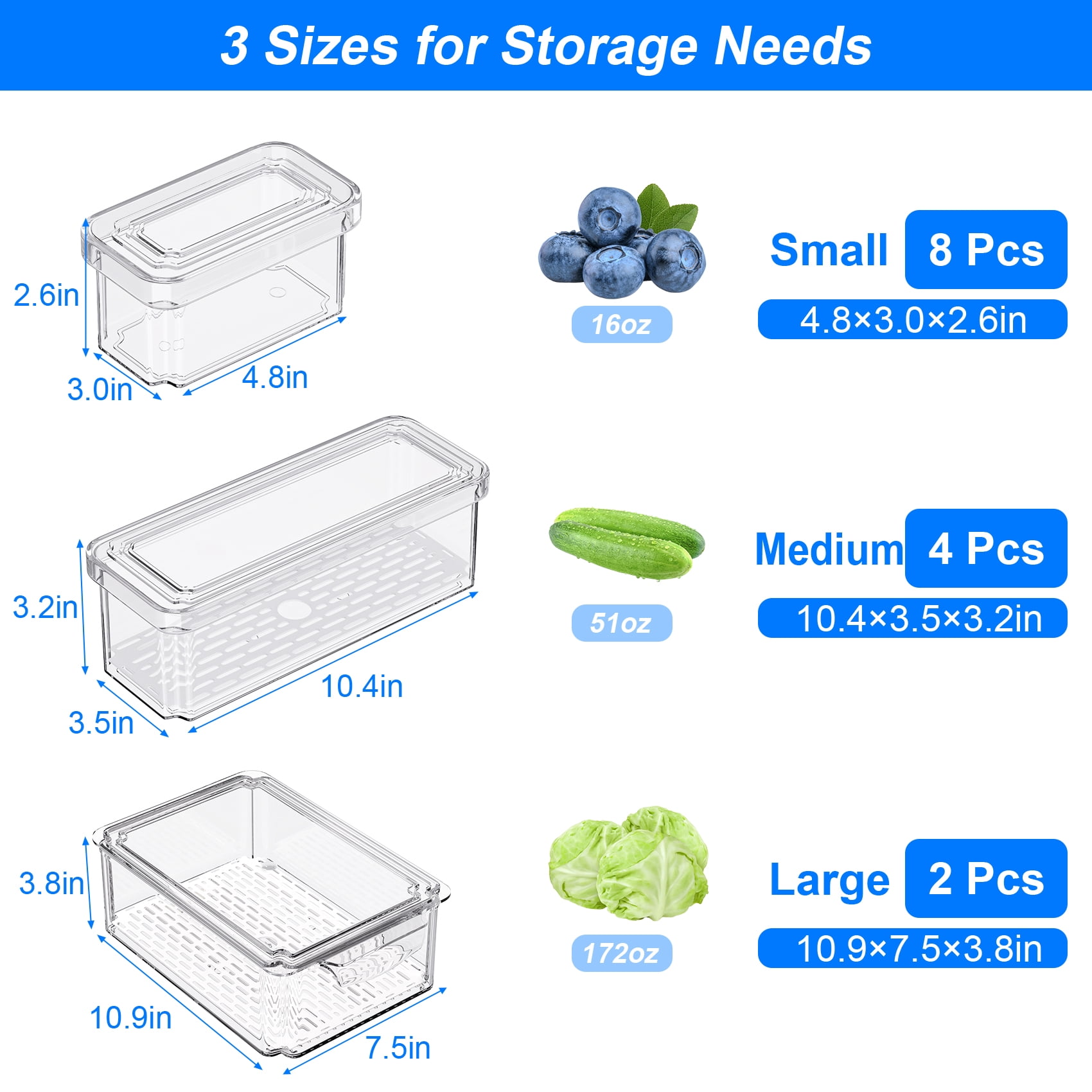 14 Pack Clear Fridge Organizers with Lids, Stackable Food Storage Containers with Drain Board, Kitchen Produce Saver for Fruit, Vegetable and Meat