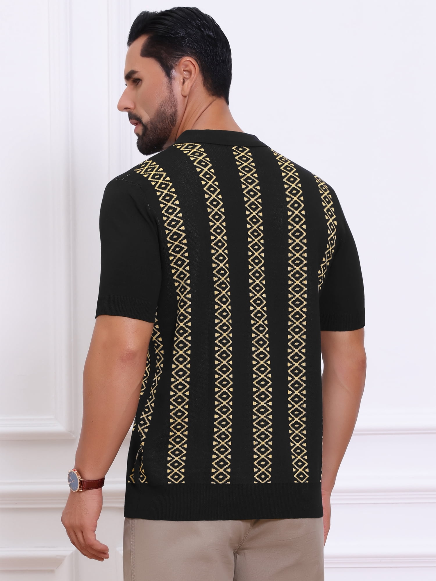DARING DIVA Men's Jacquard Short Sleeve Button Down Knitted Golf Polo Shirts 2XL Black