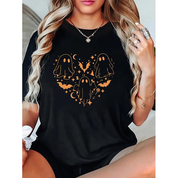 Camiseta De Mujer De Verano Suave Y Ligera Básica Para Llevar DeportesWomen's Casual & Bat Graphic Tee - Comfy Crew Neck Short Sleeve T-Shirt, Perfect for Halloween & SummerFather's Day, Mother's Da