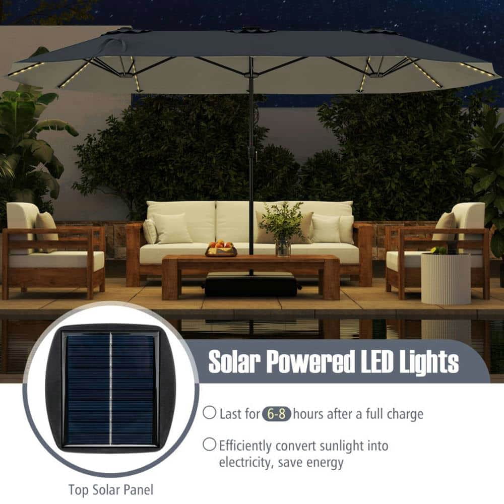 Demifill 15.5 FT Extra-Large Patio Umbrella, Outdoor Shade with LED Solar Lights and Crank Handle for Outdoor, Gray