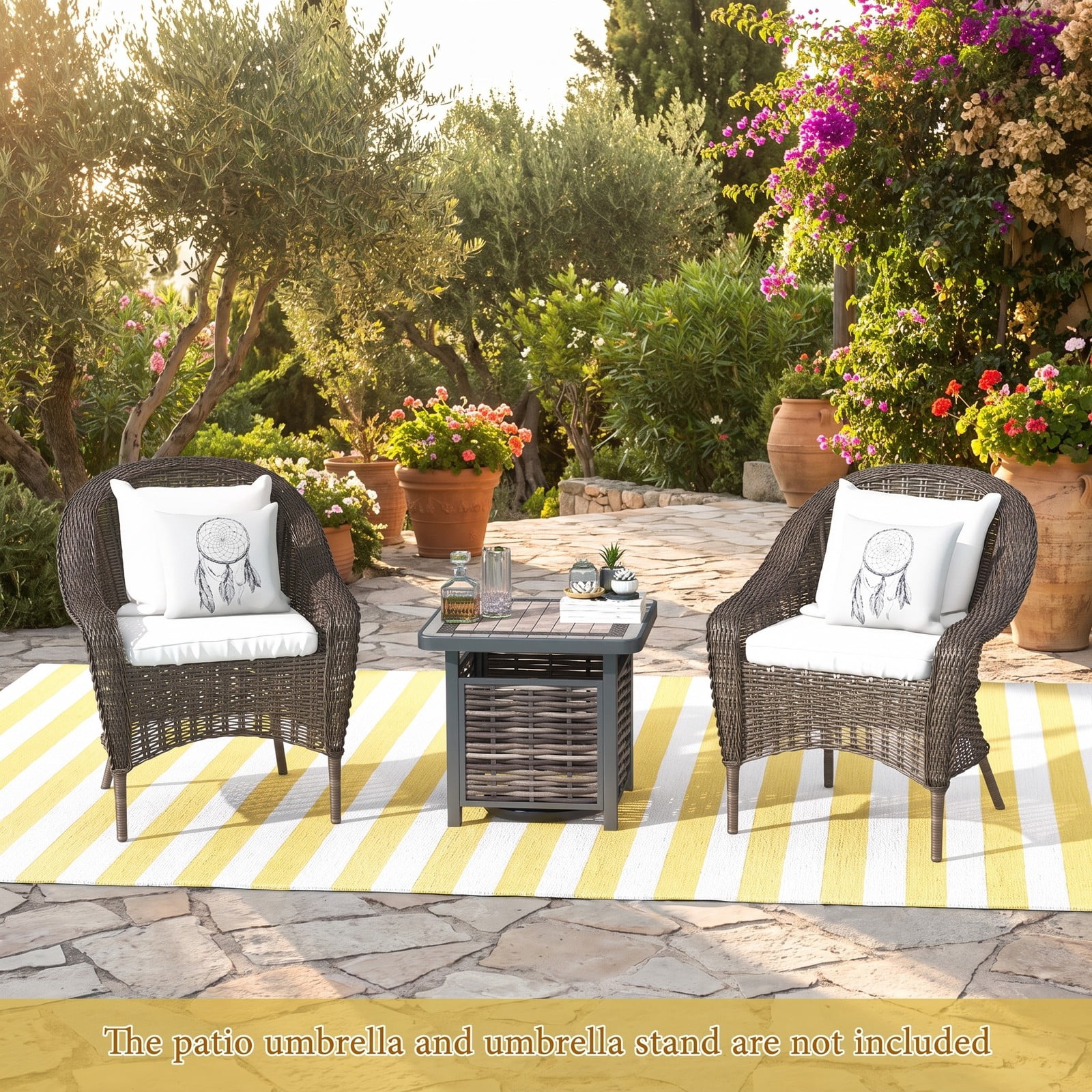 Furnibear 21.5 Inch Square Outdoor PE Rattan Patio Side Table with Umbrella Hole for the Backyard and Poolside, Black and Brown